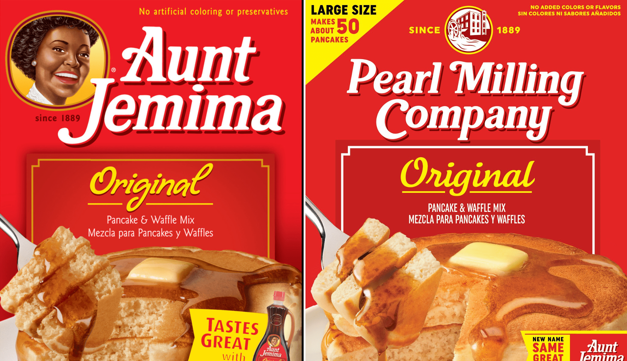 Aunt Jemima and Pearl Milling Co. pancake mixes.