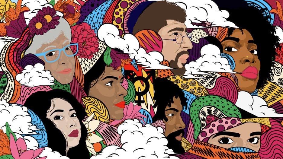 Illustration of faces in clouds.