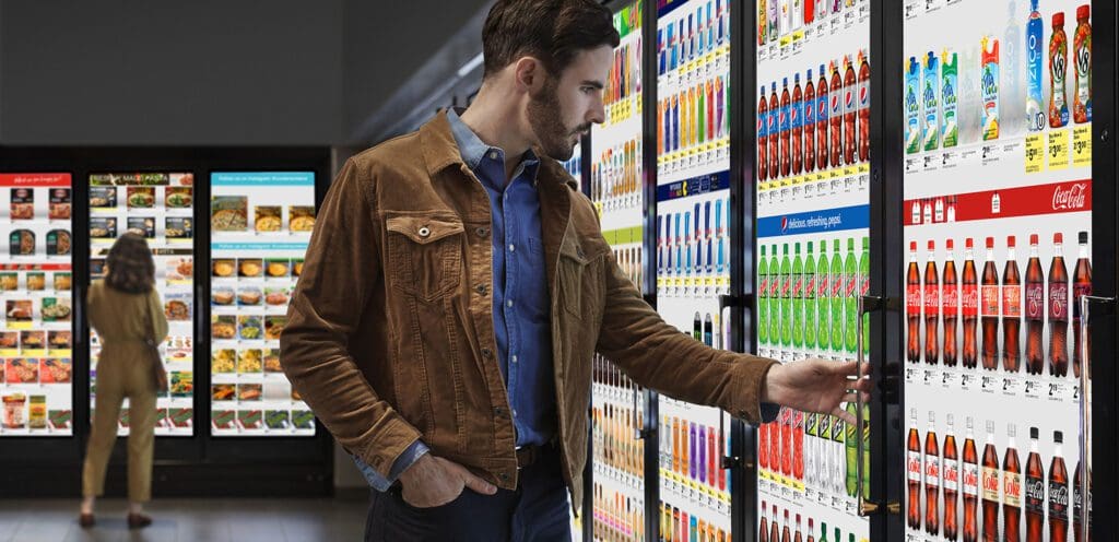 Man at Cooler Screens refrigerator display. Man at Cooler Screens refrigerator display.