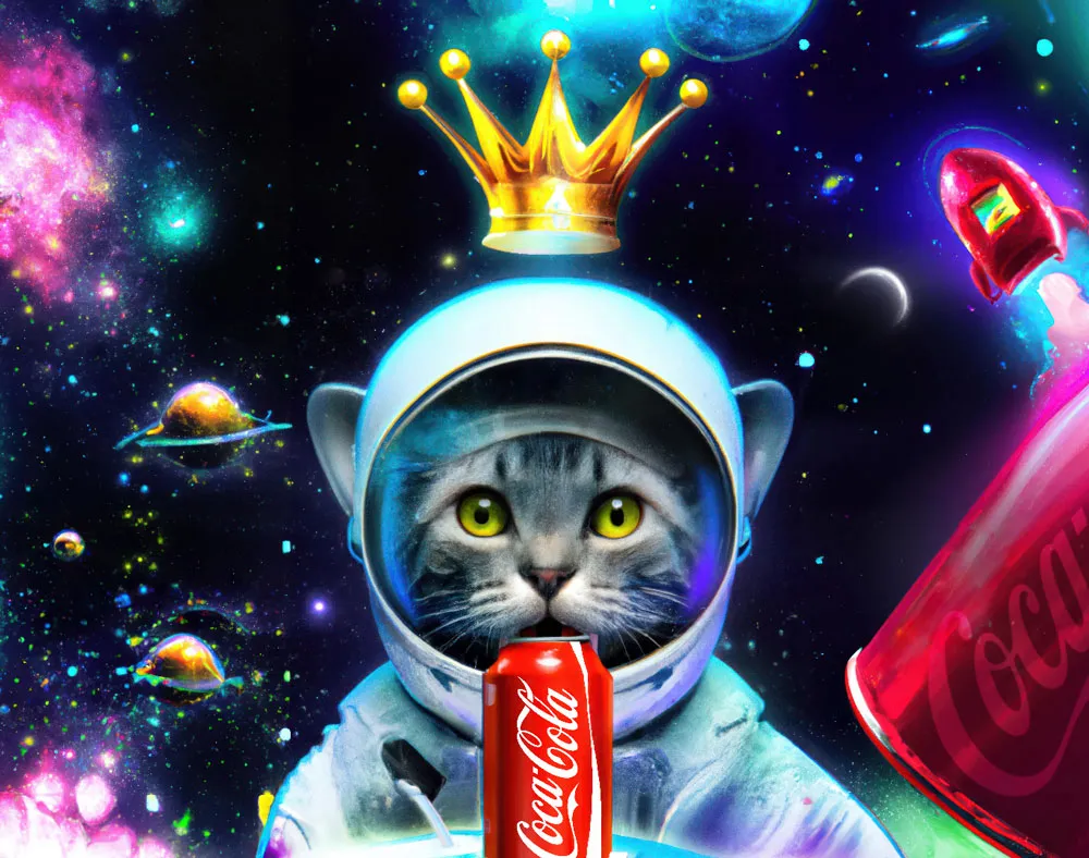 Cat in spacesuit holding can of Coke.