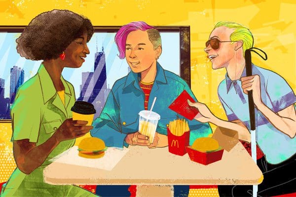 Group at table with fast food from McDonald's.